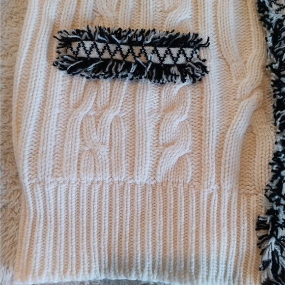 Chanel Cardigan Sweater 40 Small Ivory Cable Knit Fringe Trim Cashmere Cotton - Picture 3 of 14